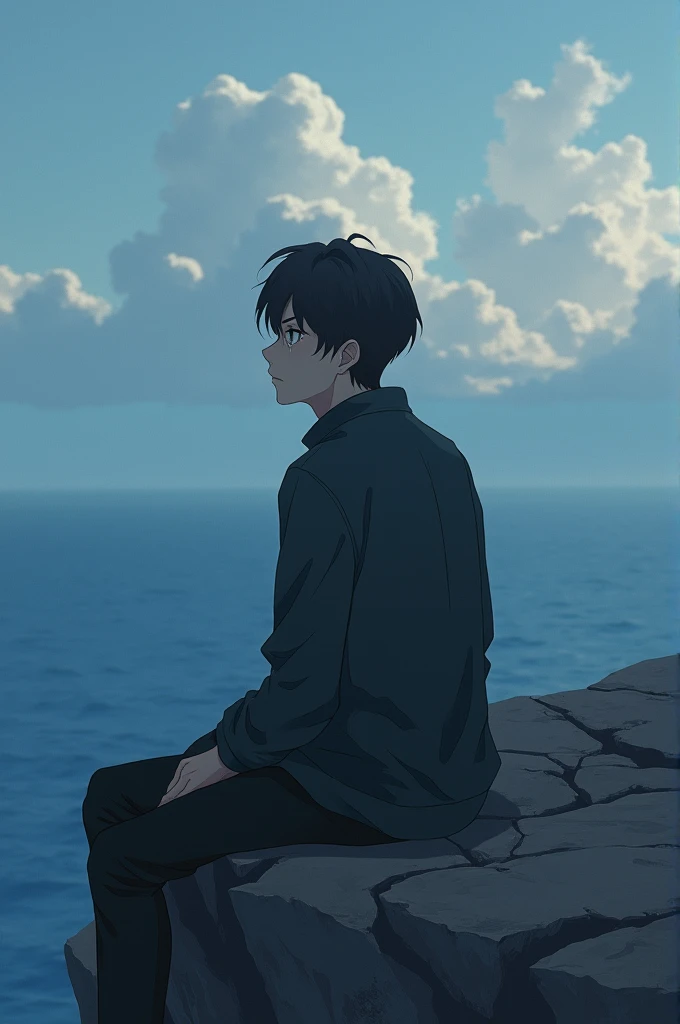 A sad and deep image of someone looking at the horizon remembering the woman he loved. The character that is a male anime version 