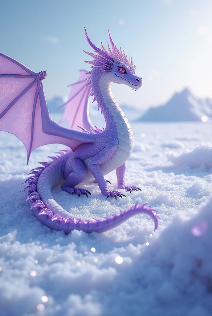 A long ice dragon with amethyst crystals and its skin is lilac and white.

