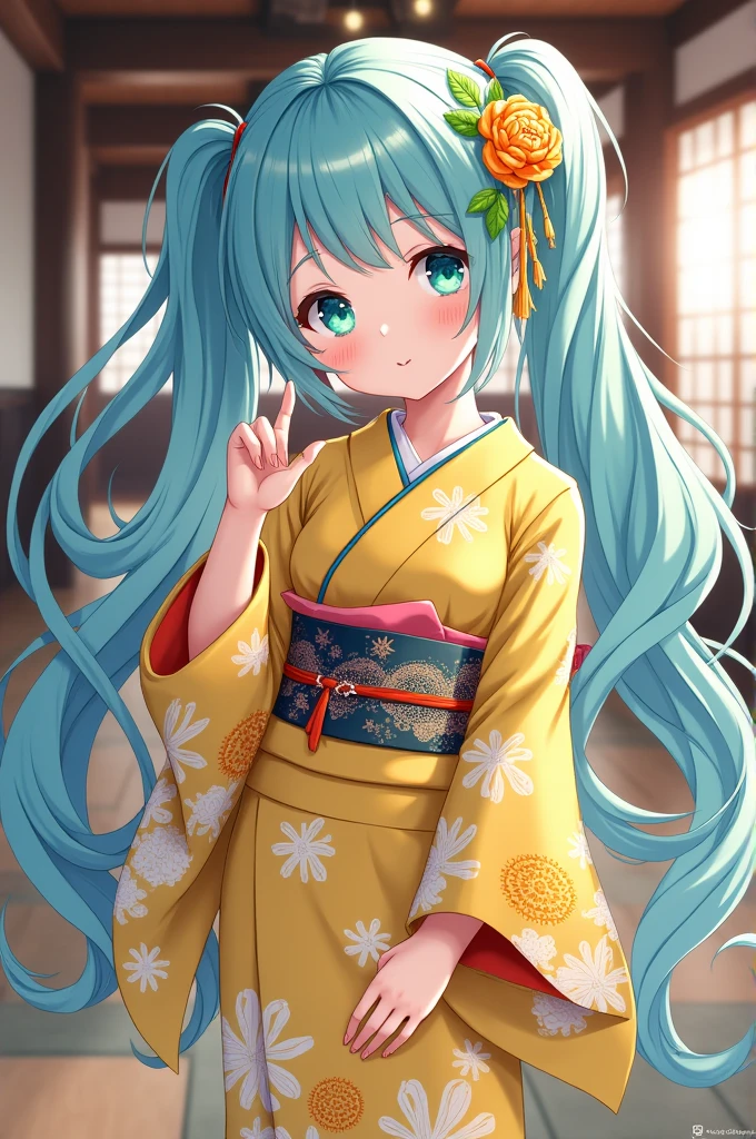 (Masterpiece), (best quality), (expressive eyes), (perfect face), (8k), (extreme detail), (illustration), (absurdres), (highres), (ultra detailed), 1girl, Girl fused with jellyfish, jellyfish girl, yellow eyes, Hatsune Miku, very long hair, small breasts, ((yellow yukata)), ((((jellyfish print)))), ((((jellyfish hair ornament)))), ((childish)), ((obsessed with jellyfish)), ((dresses like a jellyfish)), :d, ((((upper body angle)))), ((((dynamic pose)))), indoors, ((((exquisite ryokan)))), (((lobby room)))