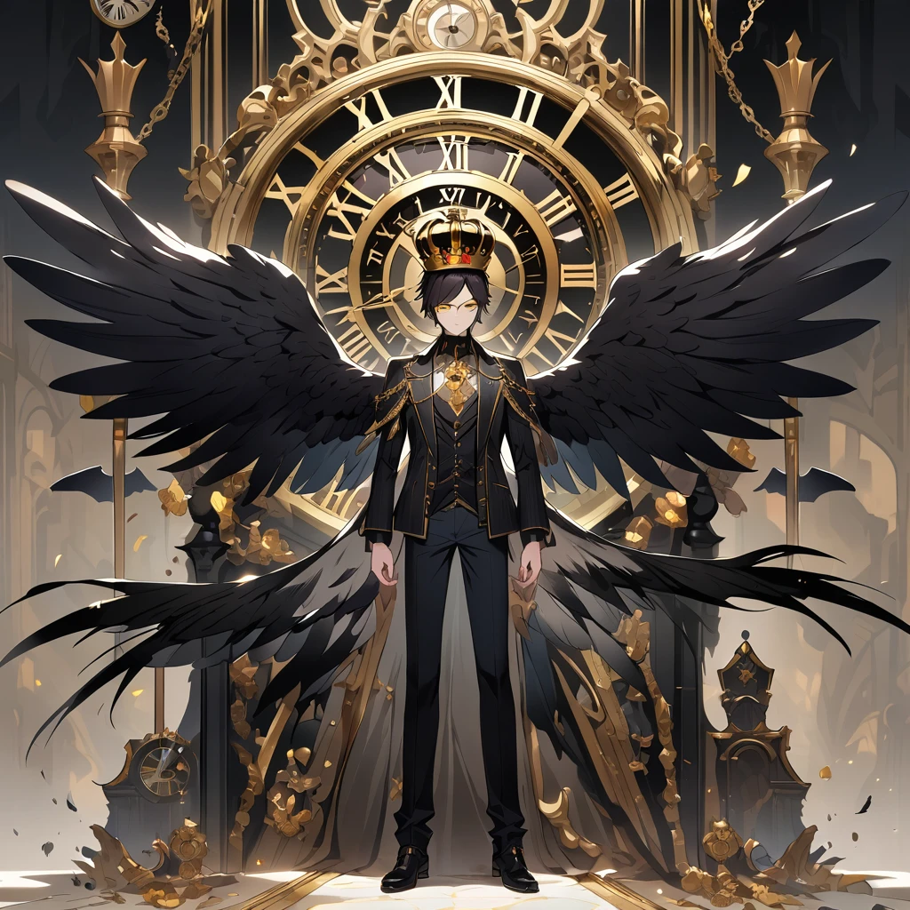A male with black hair and wings standing in front of a clock, have a black wings, gold eye Solo, High Resolution, Crown,