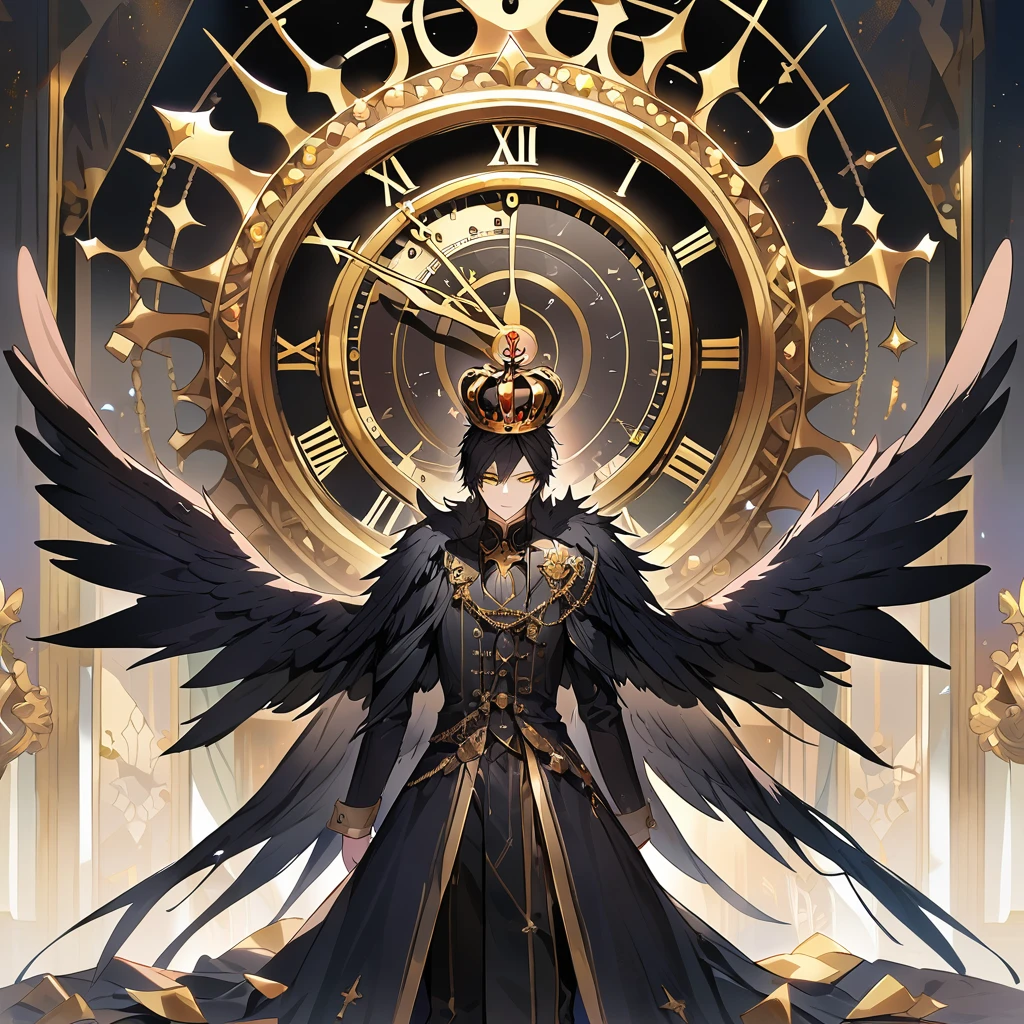 A male with black hair and wings standing in front of a clock, have a black wings, gold eye Solo, High Resolution, Crown, 