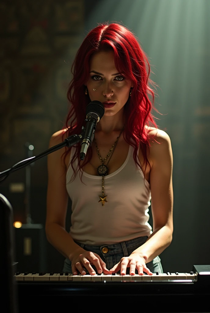 evanescence with red hair with brown eyes and piercings wearing a white tank top singing into a mic while playing piano