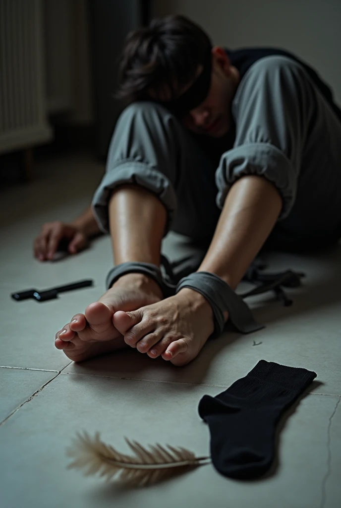 Handsome malay Zarul 19years 
Hefainted
Focus 5toefeet
Shoeless
Rope Hand Tied up on floor
blindfolded
feather on floor
Pair of Blacksock on floor

