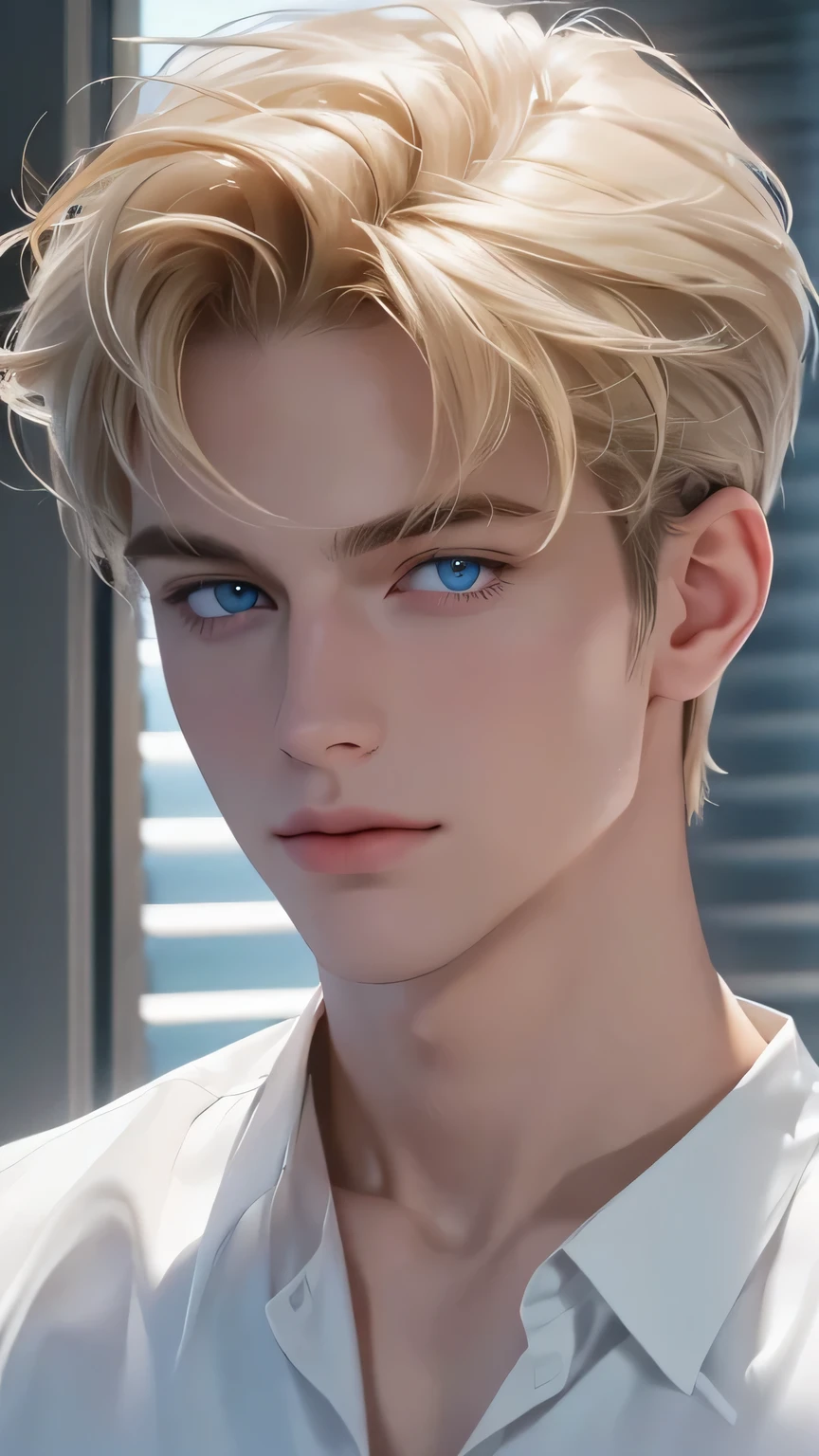 8k quality, high resolution, best quality, masterpiece, perfect lighting, ((handsome man)), 1male, perfect male figure, Short hair details, lithe body, wearing a white shirt, {{{detailed high quality face}}}, {{upper body portrait}}, ((soft features)), (delicate eyes),blonde tousled/messy hair, light blue eyes, 