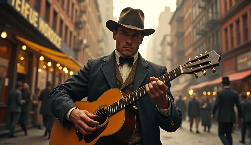 1890, man playing guitar on the street(New York), masterpiece, best quality, photorealistic, highly detailed, cinematic lighting, warm color tones, urban landscape, street scene, crowd of people, storefronts, buildings, cars, realistic textures, dramatic shadows, atmospheric haze, sunlight, detailed facial features, expressive pose, musical instrument, realistic clothing, urban environment