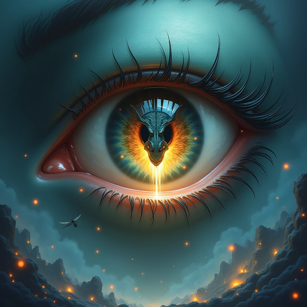 an eye，The flying dragon flies out from the pupil of the eyeball。