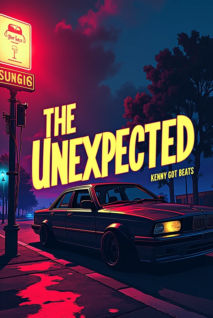 Design a cover for an EP titled "The Unexpected". Use bold hip-hop fonts, vibrant colors, and urban elements. Include the producer name "Kenny Got Beats". Make it modern and visually striking.