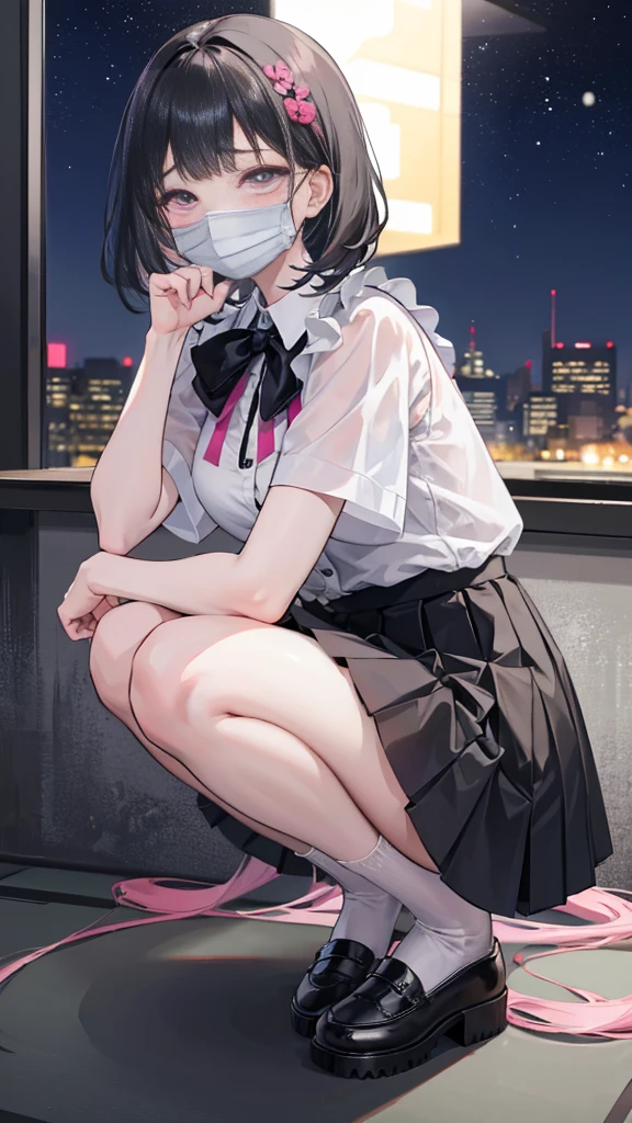 (masterpiece、Highest quality、Very detailed))、One girl、Black Hair、short hair、twintails、blunt bangs、Grey Eyes、((Black surgical mask))、((lots of piercing))、((Moderate breasts))、((Pink ruffled blouse))、Short sleeve、((Black pleated skirt))、((miniskirt))、whitesocks、Black platform shoes、squat、Take a picture from the side、((night))、Downtown background