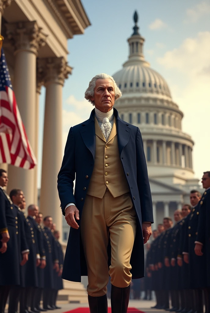 Stepping Down from Presidency: An image of George Washington stepping down from the presidency, with a backdrop of the U.S. Capitol building, symbolizing the peaceful transfer of power.