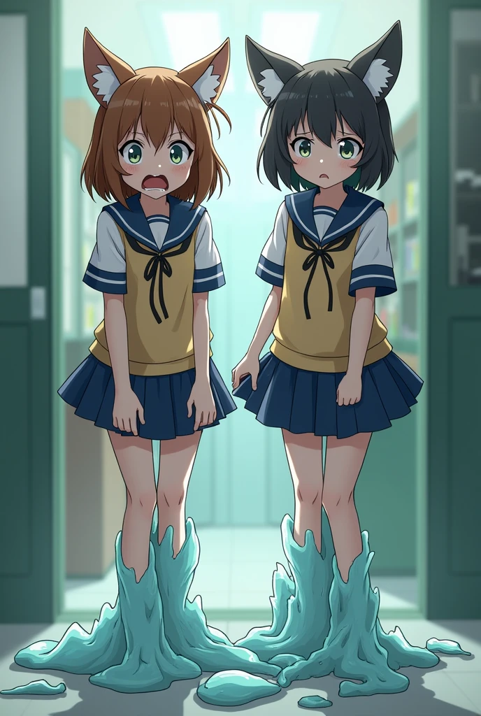 Two girl's lower_body is transformed into slime(Japanese anime style)(with slime tentacles)(scared and crying)(fox ears)(student costume)