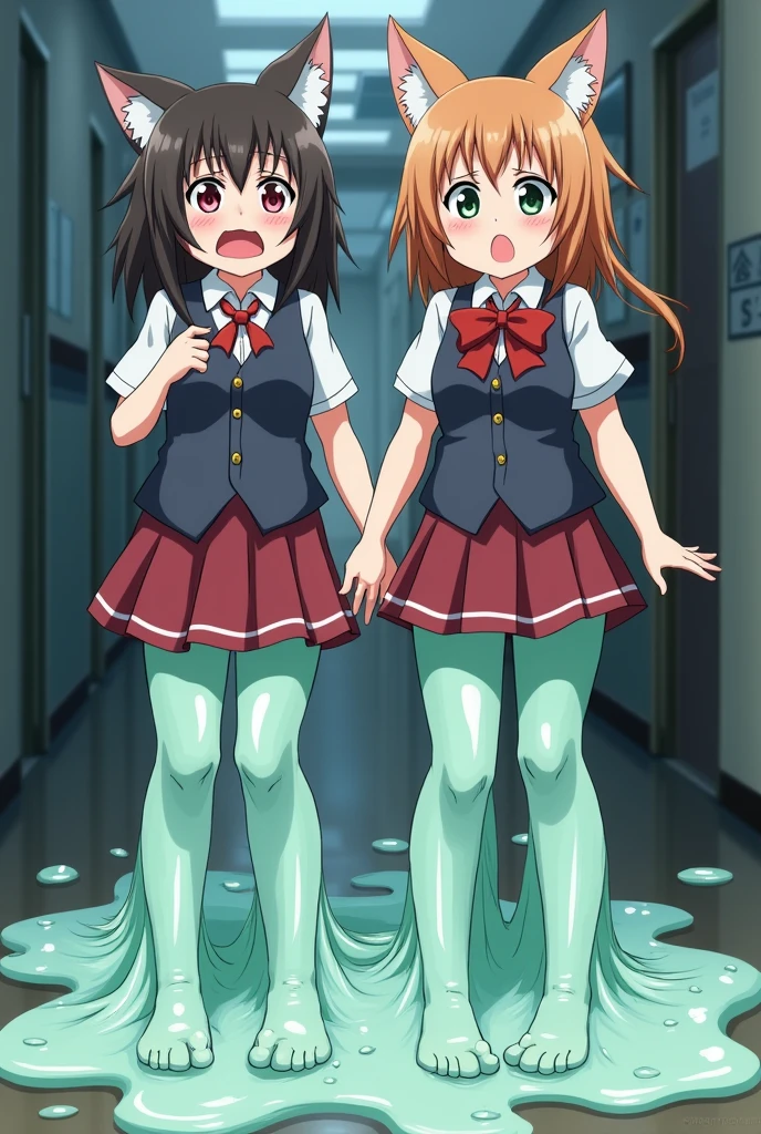 Two girl's lower_body is transformed into slime(Japanese anime style)(with slime tentacles)(scared and crying)(fox ears)(student costume)