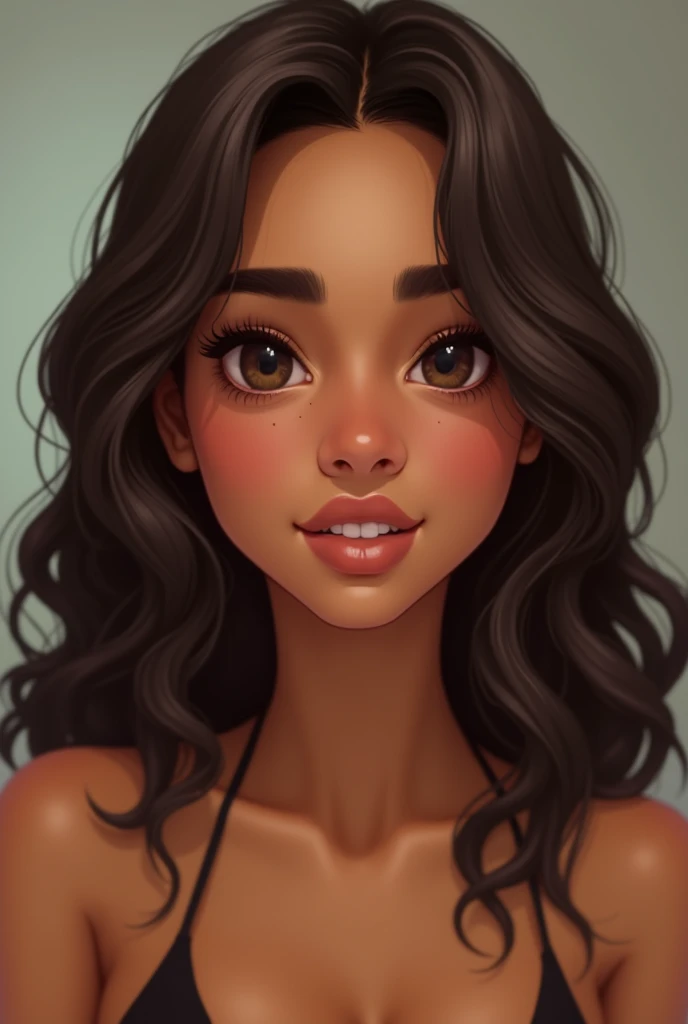 Make a girl with these characteristics - Age: 19 years - Gender: Female - Face: Oval chubby - Skin tone: warm, brown - hair: long, wavy and dark brown - Eyes: big ones, dark, black slanted - Nose: Of average size and shape - Lips: Of a fleshy size - Ethnicity: Latina - Additional Features: natural marks on the face, brunette look - thin outlined eyebrows