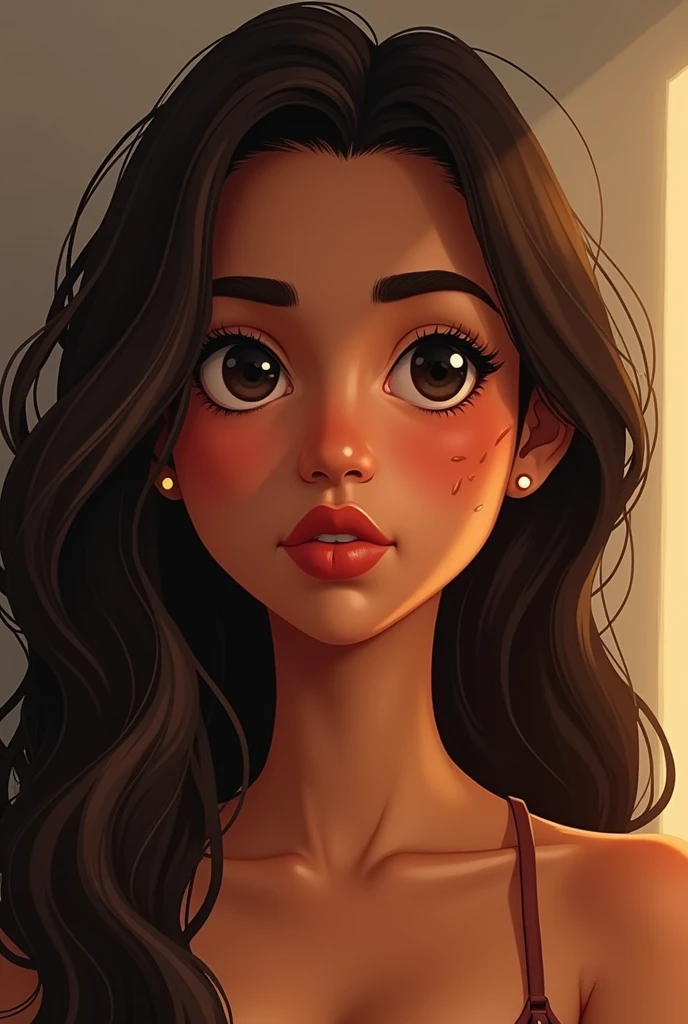 Make a girl with these characteristics - Age: 19 years - Gender: Female - Face: Oval chubby - Skin tone: warm, brown - hair: long, wavy and dark brown - Eyes: big ones, dark, black slanted - Nose: Of average size and shape - Lips: Of a fleshy size - Ethnicity: Latina - Additional Features:  natural marks on the face, brunette look - thin outlined eyebrows