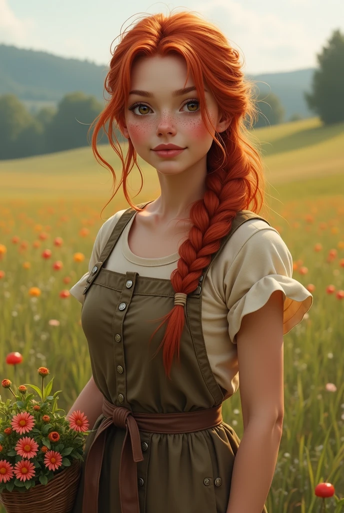 Girl Long, wavy hair with an intense reddish tone, with copper highlights under the sunlight. Her hair is usually up in a messy braid or tied with a simple fabric ribbon, with a few loose strands framing her face. Large, expressive eyes, light brown in color, with a warm glow that reflects his kindness and connection with nature. Her eyelashes are long and dark, giving a touch of sweetness to her look. Skin His skin is light with a hint of pink, slightly tanned by the sun due to the long hours he spends working outdoors. Small freckles can be noticed scattered across her face and shoulders, especially on her nose and cheeks. Face Its face is oval and soft-featured, with rounded cheeks that often turn red from physical exertion. She has full, well-defined lips, with a natural pink color. His nose is small and slightly turned up. Body with a curvy silhouette, with pronounced hips and a strong but feminine figure. Their arms and legs show defined muscles, the result of physical work, but they maintain a delicate appearance. His posture is upright and confident, but with a touch of humility. Wear a simple work dress made of sturdy fabric, such as cotton or linen, in earthy tones such as brown, beige, or olive green. The dress is worn around the edges, a sign of constant use, and is tied around her waist with a brown leather belt. His boots are sturdy, made of dark leather and a little worn, designed to withstand long days in the field. At times, she may be barefoot, showing feet that have known hard work but move with grace. Bring a basket or flowers picked from the field.