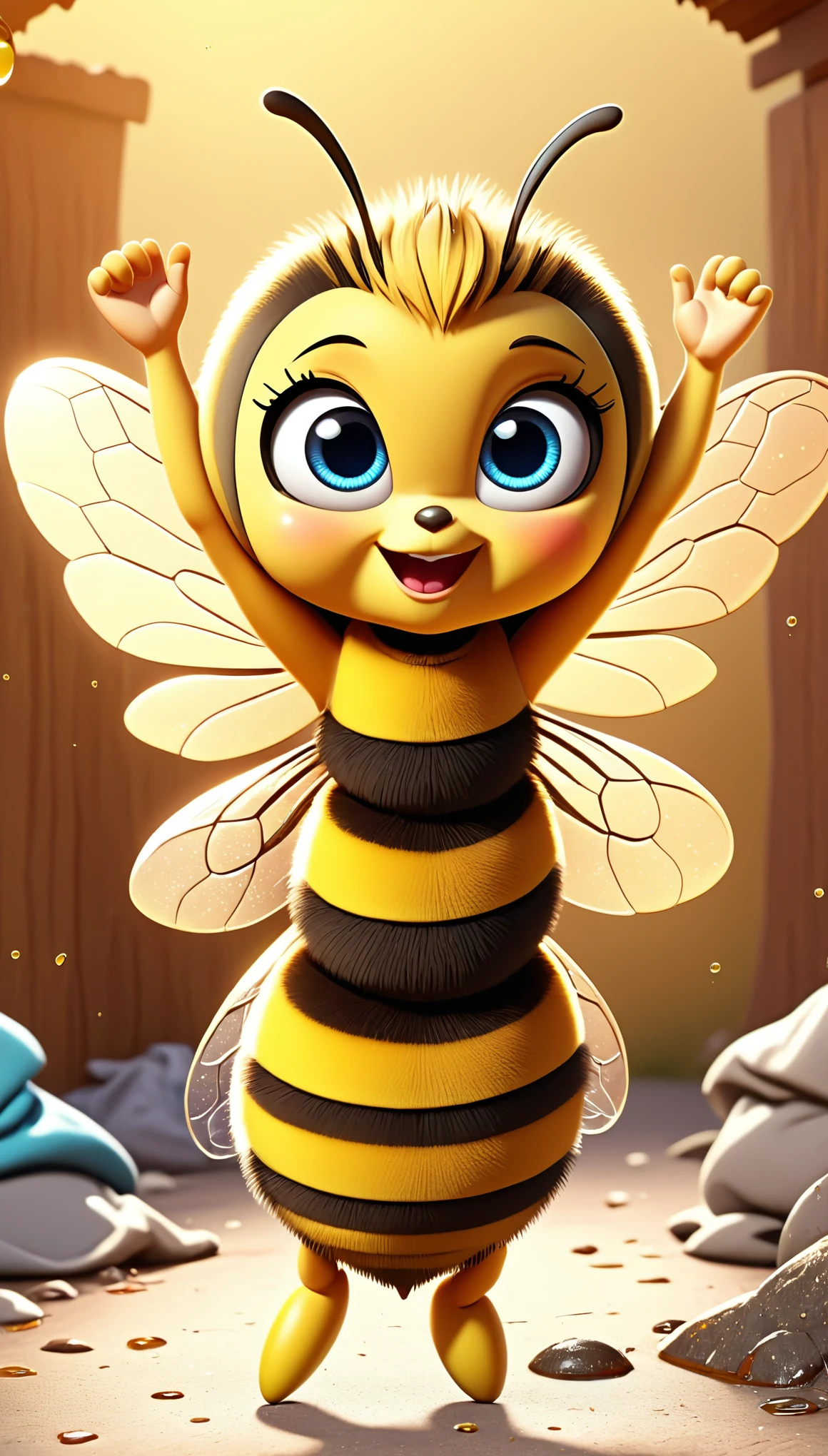 cute bee, cartoon , clothes, arms up, hands ,cute eyes, looking at viewer, dirty, lean, honey