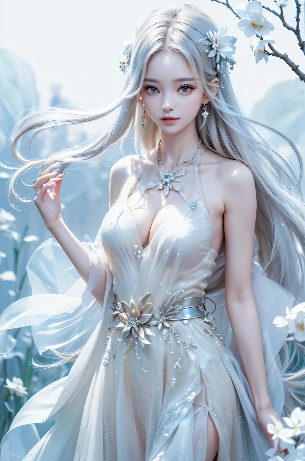 ((From the waist up))((masterpiece:1.5、8k、Portraiture、Photorealistic and very detailed CG、Very detailed、Particle Effects、Dynamic Effects、Written boundary depth、Cinematic Light、Lens flare、Ray Tracing、Tabletop、Realistic:1.4、Ultra-high resolution:1.2、Realistic、Realistic))((alone、woman wearing a halter neck dress:1.4、Model-like pose、medium breasts、Detailed face、brightexpression、young, bright, Whiter skin、Best Looks、Ultimate beauty、Shiny silver hair with highlights:1.8、bright and shiny hair,、Super long, Silky straight hair、Hair swaying in the wind))(Wonderful transparent flowers々Surrounded by、White Background、Great background、Delicate petals fluttering down)