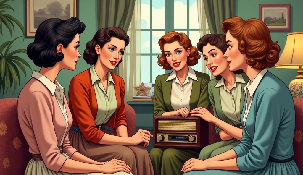 Middle class women in the 1950s in the United States at home listening to the radio, and a comic balloon comes out of the radio saying: "Petulant Metamorphosis with William Avi", (youtube thumb style that you can use for other purposes)