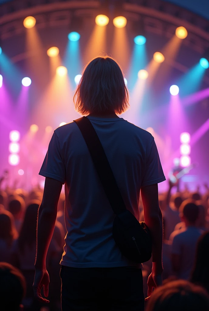 Faça o show do artic monkeys, make a fan tall blond man from the back watching the show