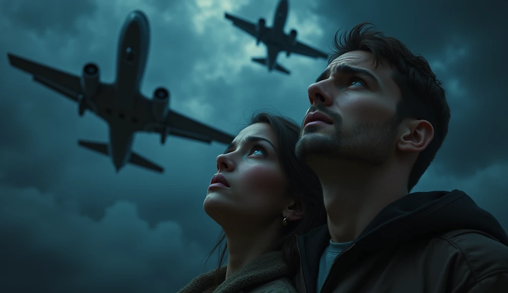 1940; warplanes in the skies; a terrified man and woman looking up at the night sky, extremely detailed, intricate details, cinematic lighting, dramatic, horror, moody, dark, ominous, (best quality,8k,photorealistic:1.4),chiaroscuro,dramatic lighting,eerie atmosphere,ominous clouds,dramatic shadows,realistic human anatomy,realistic skin texture,beautiful detailed eyes,beautiful detailed lips,extremely detailed eyes and face,longeyelashes