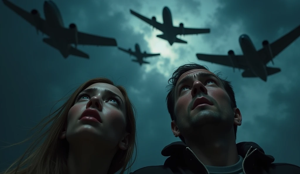 1940; warplanes in the skies; a terrified man and woman looking up at the night sky, extremely detailed, intricate details, cinematic lighting, dramatic, horror, moody, dark, ominous, (best quality,8k,photorealistic:1.4),chiaroscuro,dramatic lighting,eerie atmosphere,ominous clouds,dramatic shadows,realistic human anatomy,realistic skin texture,beautiful detailed eyes,beautiful detailed lips,extremely detailed eyes and face,longeyelashes