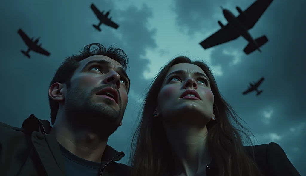 1940; warplanes in the skies; a terrified man and woman looking up at the night sky, extremely detailed, intricate details, cinematic lighting, dramatic, horror, moody, dark, ominous, (best quality,8k,photorealistic:1.4),chiaroscuro,dramatic lighting,eerie atmosphere,ominous clouds,dramatic shadows,realistic human anatomy,realistic skin texture,beautiful detailed eyes,beautiful detailed lips,extremely detailed eyes and face,longeyelashes