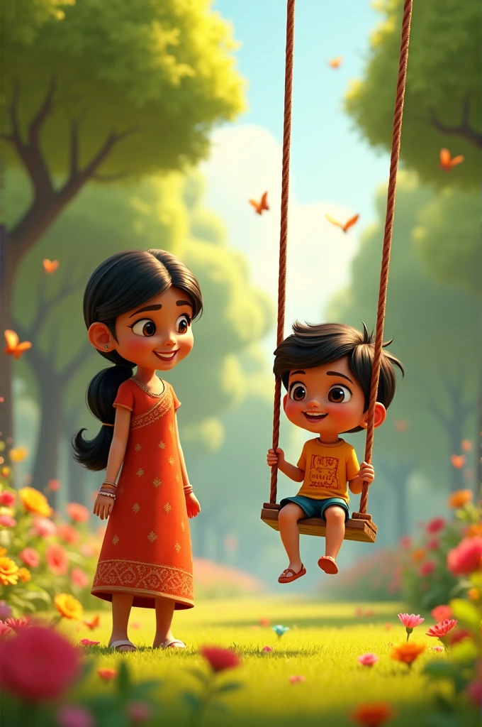 in cinematic 3d kartoon images this" playtime in the Park: "Radha and her baby Aarav enjoying a sunny day in the park. Aareav is happily playing on a swing, while Radha watches with a smile, surrounded by green trees and flowers."