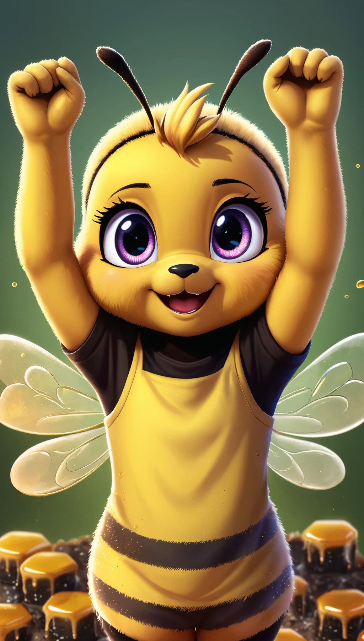 cute bee, cartoon , clothes, arms up, hands ,cute eyes, looking at viewer, dirty, lean, honey, straight