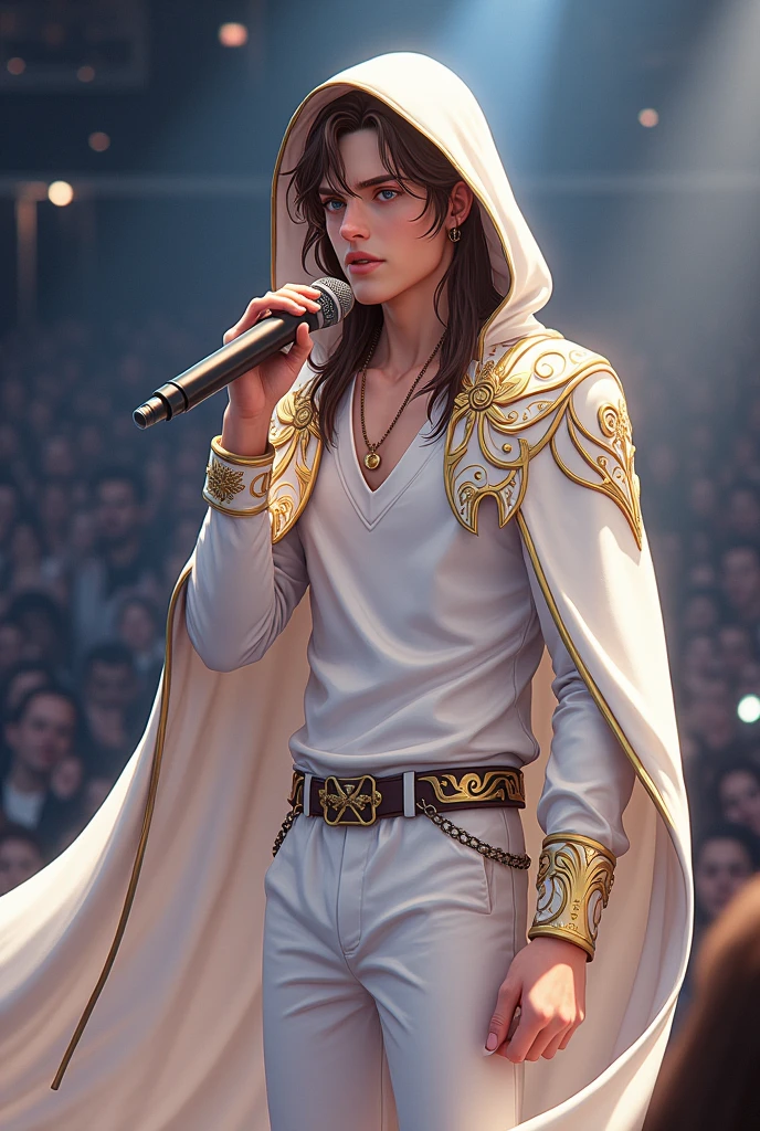 artwork best quality handsome american male teenager long brown hair light skin with white cape and hooded coat on head with gold details white long sleeve shirt and white pants underneath intricate details singing holding a microphone seen from afar at a concert with details uhq 8k