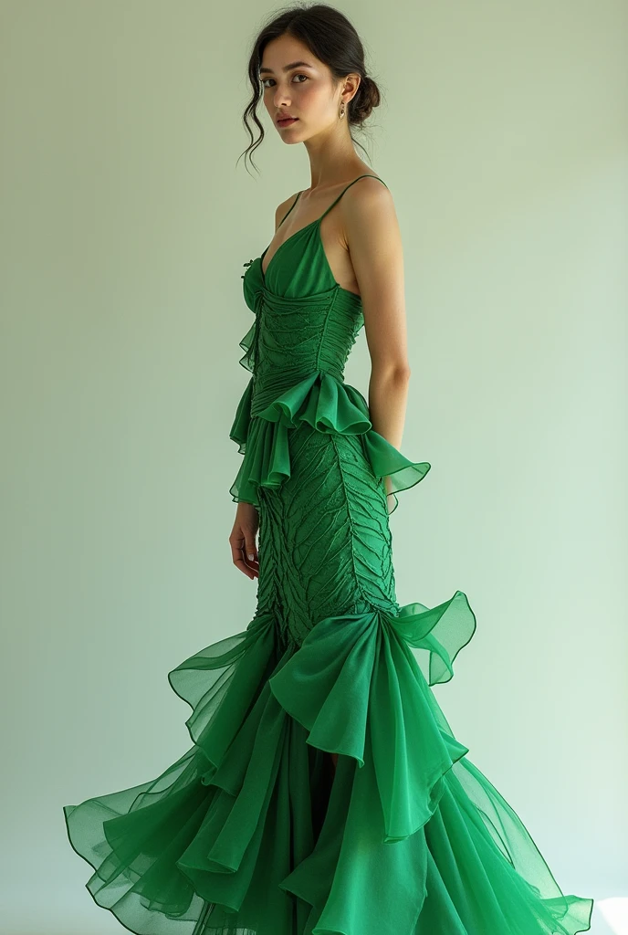 a one woman, with model bearing, with a creative green dress, on the knee, mermaid modeling, made from scraps of fabric