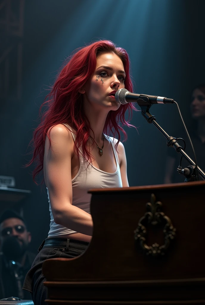 Amy Lee with red hair with brown eyes and piercings wearing a white tank top singing into a mic while playing piano 