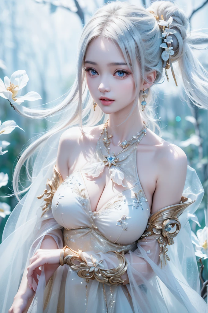 ((From the waist up))((masterpiece:1.5、8k、Portraiture、フォトリアリスティックでVery detailedなCG、Very detailed、Particle Effects、Dynamic Effects、Written boundary depth、Cinematic Light、Lens flare、Ray Tracing、Tabletop、Realistic:1.4、Ultra-high resolution:1.2、Realistic、Realistic))((alone、woman wearing a halter neck dress:1.4、Model-like pose、medium breasts、Detailed face、bright表情、young, bright, Whiter skin、Best Looks、Ultimate beauty、Shiny silver hair with highlights:1.8、bright and shiny hair,、Super long, Silky straight hair、Hair swaying in the wind))(Wonderful transparent flowers々Surrounded by、White Background、Great background、Delicate petals fluttering down)