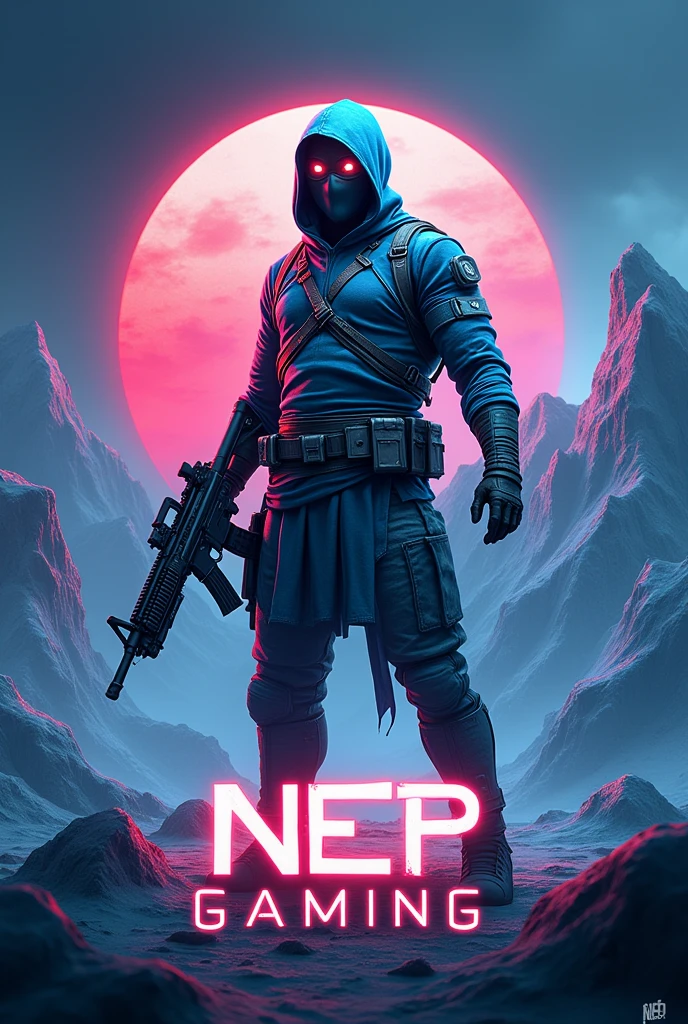 A logo where pubg mummy set is standing holding m416 gun in glacier form with nepal flag background. Below pubg mummy set 
NEP Gaming with a glow effect
