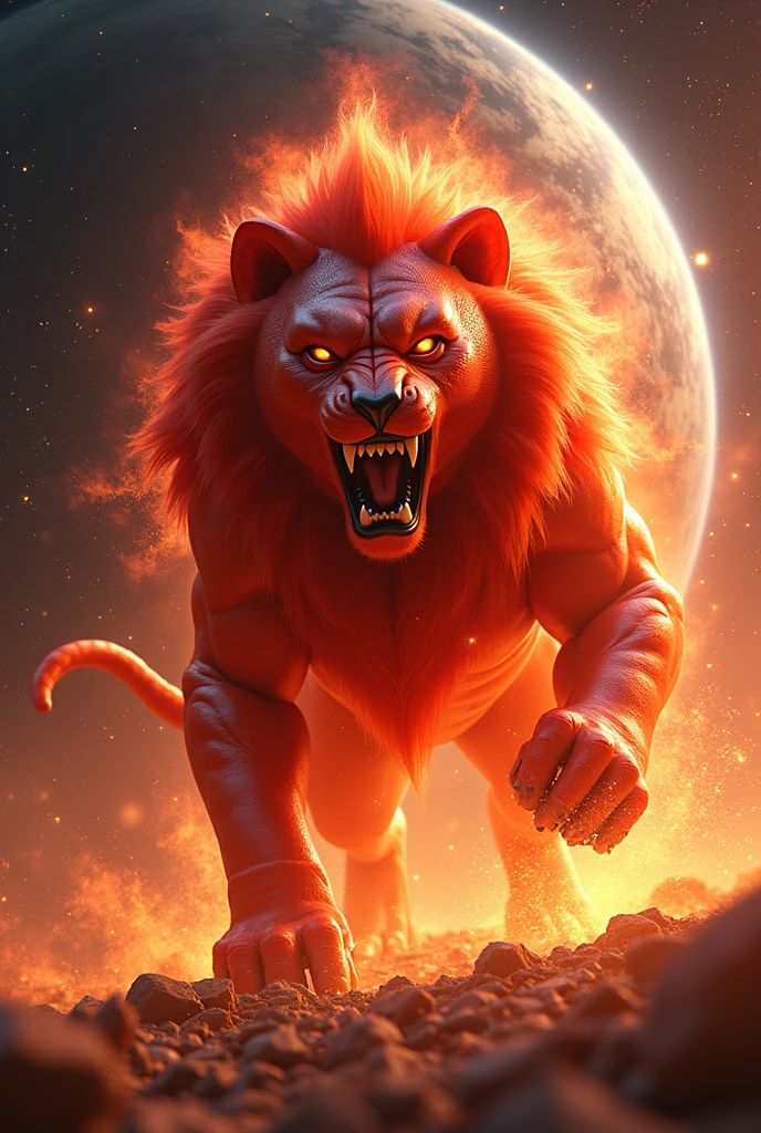 Lion in red glossy fire costume in space with scary face destroying earth