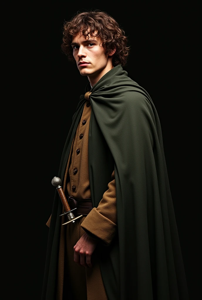 Create a studio portrait, in professional style, of the character Frodo Baggins, a character from the film series "The Lord of the Rings", based on the work of J.R.R. Tolkien. The image shows a 20-year-old man with fair skin and curly brown hair., with a determined and slightly melancholic look. The character is standing, with the body turned slightly to the right (from the observer's point of view). Your shoulders are relaxed and slightly slumped. The right arm is along the body, with the right hand hanging freely. The left arm is bent at the elbow, holding a sheathed sword strapped to his waist. He is wearing a dark green cape held by a brooch on his right shoulder., that partially covers a brown coat of thick fabric, which is partially open. The coat has a simple design with visible buttons on the front., and under it, there is a shirt a shade lighter, of lighter fabric, that is closed. He holds the sword Sting in his left hand., which is seen partially coming out of the sheath. The background is completely dark, highlighting the character as the main focus of the portrait.