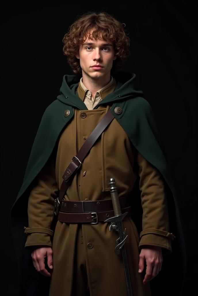 Create a studio portrait, in professional style, of the character Frodo Baggins, a character from the film series "The Lord of the Rings", based on the work of J.R.R. Tolkien. The image shows a 20-year-old man with fair skin and curly brown hair., with a determined and slightly melancholic look. The character is standing, with the body turned slightly to the right (from the observer&#39;s point of view). Your shoulders are relaxed and slightly slumped. The right arm is along the body, with the right hand hanging freely. The left arm is bent at the elbow, holding a sheathed sword strapped to his waist. He is wearing a dark green cape held by a brooch on his right shoulder., that partially covers a brown coat of thick fabric, which is partially open. The coat has a simple design with visible buttons on the front., and under it, there is a shirt a shade lighter, of lighter fabric, that is closed. He holds the sword Sting in his left hand., which is seen partially coming out of the sheath. The background is completely dark, highlighting the character as the main focus of the portrait.