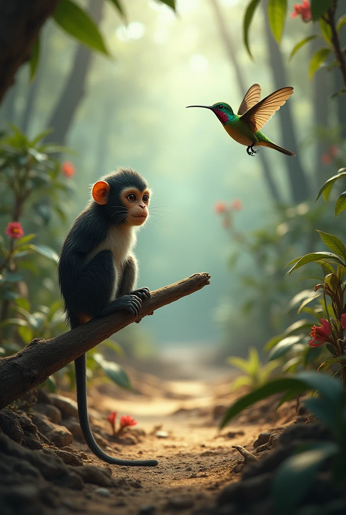 A monkey and a hummingbird watching the drought and lack of resources in the rainforest