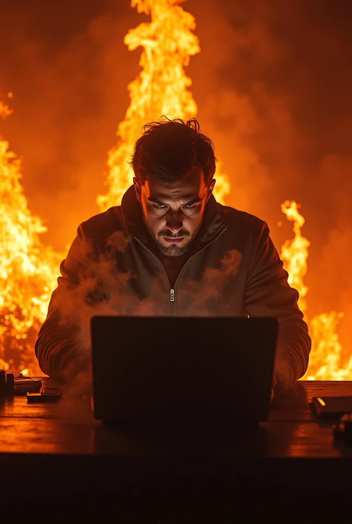 Man with laptop back ground in fire