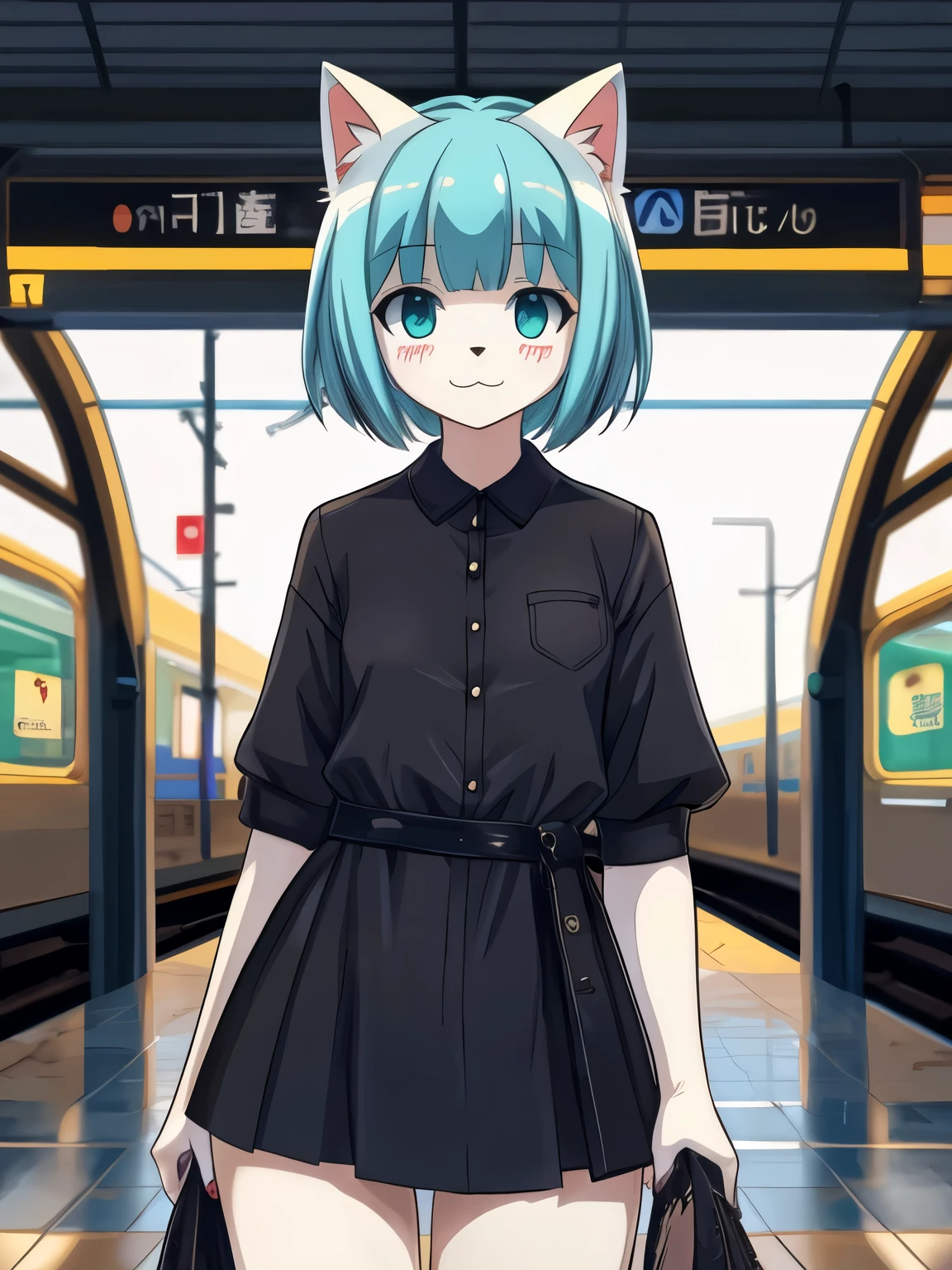 (2d), commission, line art, cute, anime, no shading, a female anthro cat, (white fur), (cyan hair with bangs), short hair, cyan eyes:0.5, plump, small breasts, (gothic black clothing), (in a train station)