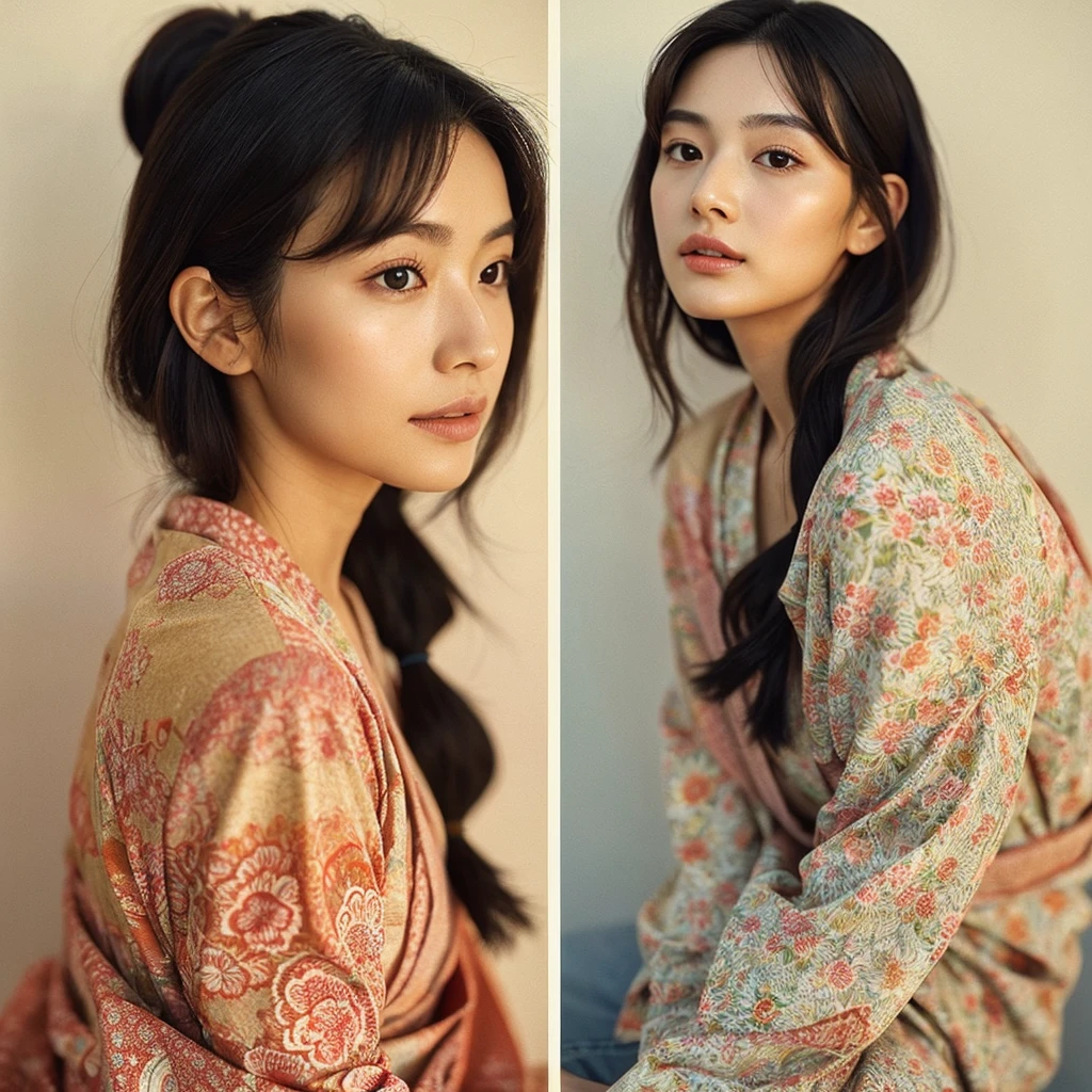 A hyper-realistic image of a single Japanese woman in her early 20s, captured from the shoulders up with the nostalgic warmth and subtle graininess of a film camera. She is wearing a traditional yukata with a vibrant, cute design featuring bold and colorful floral patterns such as cherry blossoms and peonies in shades of pink, red, and lavender, set against a soft pastel background. The obi is elegantly tied with a complementary color, adding a playful touch. The fabric of the yukata appears naturally lightweight, with visible folds and textures that enhance its realism, draping gracefully over her shoulders. Her skin, seen clearly from the shoulders up, has a warm beige tone with a highly realistic, slightly rough texture, showcasing visible pores, fine lines, and minor blemishes, along with subtle unevenness, such as delicate dryness around the cheeks and small natural shadows under the eyes. The lighting is soft and subdued, replicating the gentle, diffused natural light of an overcast day or early evening, creating realistic shadows across her face. These shadows subtly contour her cheekbones, nose, and jawline, adding depth and dimension to her facial features, enhancing the lifelike quality of her skin texture. Her straight, glossy black hair frames her face naturally, slightly tousled, adding to the authenticity of her look. Her deep brown eyes reflect the ambient light, providing depth and a natural, lifelike shine. The film camera effect introduces a noticeable grain and a soft focus, giving the image a warm, nostalgic atmosphere while maintaining the raw, lifelike quality of her skin. The composition is centered solely on her, capturing her serene and understated elegance, focusing closely on the detailed textures of the yukata and the authentic, natural skin texture, with dynamic lighting and shadow play that mimics a real-life photograph.