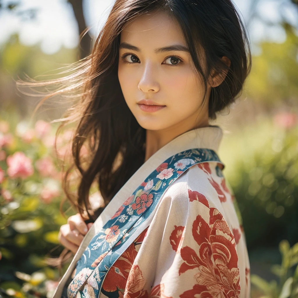 A hyper-realistic image of a single Japanese woman in her early 20s, captured from the shoulders up with the nostalgic warmth and subtle graininess of a film camera. She is wearing a traditional yukata with a vibrant, cute design featuring bold and colorful floral patterns such as cherry blossoms and peonies in shades of pink, red, and lavender, set against a soft pastel background. The obi is elegantly tied with a complementary color, adding a playful touch. The fabric of the yukata appears naturally lightweight, with visible folds and textures that enhance its realism, draping gracefully over her shoulders. Her skin, seen clearly from the shoulders up, has a warm beige tone with a highly realistic, slightly rough texture, showcasing visible pores, fine lines, and minor blemishes, along with subtle unevenness, such as delicate dryness around the cheeks and small natural shadows under the eyes. The lighting is soft and subdued, replicating the gentle, diffused natural light of an overcast day or early evening, creating realistic shadows across her face. These shadows subtly contour her cheekbones, nose, and jawline, adding depth and dimension to her facial features, enhancing the lifelike quality of her skin texture. Her straight, glossy black hair frames her face naturally, slightly tousled, adding to the authenticity of her look. Her deep brown eyes reflect the ambient light, providing depth and a natural, lifelike shine. The film camera effect introduces a noticeable grain and a soft focus, giving the image a warm, nostalgic atmosphere while maintaining the raw, lifelike quality of her skin. The composition is centered solely on her, capturing her serene and understated elegance, focusing closely on the detailed textures of the yukata and the authentic, natural skin texture, with dynamic lighting and shadow play that mimics a real-life photograph.