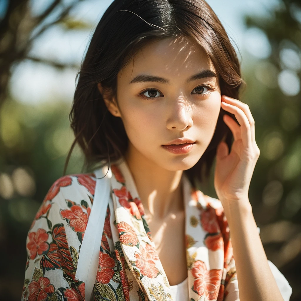 A hyper-realistic image of a single Japanese woman in her early 20s, captured from the shoulders up with the nostalgic warmth and subtle graininess of a film camera. She is wearing a traditional yukata with a vibrant, cute design featuring bold and colorful floral patterns such as cherry blossoms and peonies in shades of pink, red, and lavender, set against a soft pastel background. The obi is elegantly tied with a complementary color, adding a playful touch. The fabric of the yukata appears naturally lightweight, with visible folds and textures that enhance its realism, draping gracefully over her shoulders. Her skin, seen clearly from the shoulders up, has a warm beige tone with a highly realistic, slightly rough texture, showcasing visible pores, fine lines, and minor blemishes, along with subtle unevenness, such as delicate dryness around the cheeks and small natural shadows under the eyes. The lighting is soft and subdued, replicating the gentle, diffused natural light of an overcast day or early evening, creating realistic shadows across her face. These shadows subtly contour her cheekbones, nose, and jawline, adding depth and dimension to her facial features, enhancing the lifelike quality of her skin texture. Her straight, glossy black hair frames her face naturally, slightly tousled, adding to the authenticity of her look. Her deep brown eyes reflect the ambient light, providing depth and a natural, lifelike shine. The film camera effect introduces a noticeable grain and a soft focus, giving the image a warm, nostalgic atmosphere while maintaining the raw, lifelike quality of her skin. The composition is centered solely on her, capturing her serene and understated elegance, focusing closely on the detailed textures of the yukata and the authentic, natural skin texture, with dynamic lighting and shadow play that mimics a real-life photograph.
