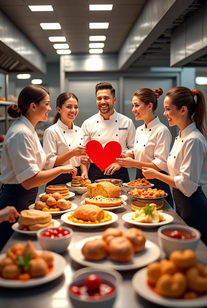 6 peoples, being 4 women and 2 men wearing chef outfits around various sweet and savory foods with a red heart-shaped logo
