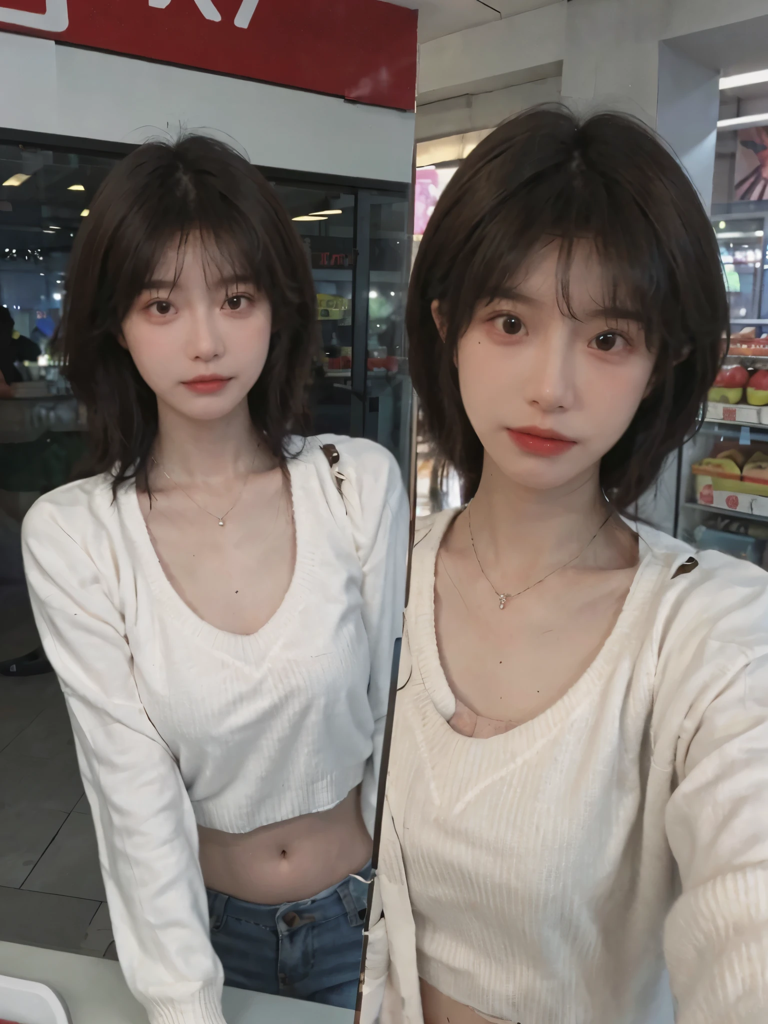 Best quality,Ultra-high resolution,(Realism:1.4),Cute hairpins,Baoyu Girl,1 Girl,Red short sweater,Beautiful woman with a slim figure:1.4,Abdominal muscles:1.1,(Brown hair,Mid-chest:1.3),supermarket,Super delicate face,Exquisite eyes,Double eyelids,make faces,necklace