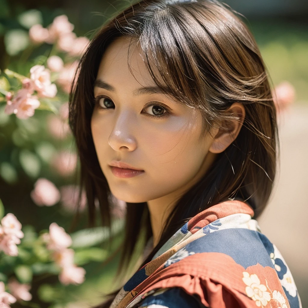 A hyper-realistic image of a single Japanese woman in her early 20s, captured from the shoulders up with the nostalgic warmth and subtle graininess of a film camera. She is wearing a traditional yukata with a vibrant, cute design featuring bold and colorful floral patterns such as cherry blossoms and peonies in shades of pink, red, and lavender, set against a soft pastel background. The obi is elegantly tied with a complementary color, adding a playful touch. The fabric of the yukata appears naturally lightweight, with visible folds and textures that enhance its realism, draping gracefully over her shoulders. Her skin, seen clearly from the shoulders up, has a warm beige tone with a highly realistic, slightly rough texture, showcasing visible pores, fine lines, and minor blemishes, along with subtle unevenness, such as delicate dryness around the cheeks and small natural shadows under the eyes. The lighting is soft and subdued, replicating the gentle, diffused natural light of an overcast day or early evening, creating realistic shadows across her face. These shadows subtly contour her cheekbones, nose, and jawline, adding depth and dimension to her facial features, enhancing the lifelike quality of her skin texture. Her straight, glossy black hair frames her face naturally, slightly tousled, adding to the authenticity of her look. Her deep brown eyes reflect the ambient light, providing depth and a natural, lifelike shine. The film camera effect introduces a noticeable grain and a soft focus, giving the image a warm, nostalgic atmosphere while maintaining the raw, lifelike quality of her skin. The composition is centered solely on her, capturing her serene and understated elegance, focusing closely on the detailed textures of the yukata and the authentic, natural skin texture, with dynamic lighting and shadow play that mimics a real-life photograph.