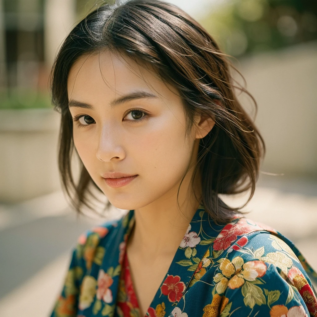 A hyper-realistic image of a single Japanese woman in her early 20s, captured from the shoulders up with the nostalgic warmth and subtle graininess of a film camera. She is wearing a traditional yukata with a vibrant, cute design featuring bold and colorful floral patterns such as cherry blossoms and peonies in shades of pink, red, and lavender, set against a soft pastel background. The obi is elegantly tied with a complementary color, adding a playful touch. The fabric of the yukata appears naturally lightweight, with visible folds and textures that enhance its realism, draping gracefully over her shoulders. Her skin, seen clearly from the shoulders up, has a warm beige tone with a highly realistic, slightly rough texture, showcasing visible pores, fine lines, and minor blemishes, along with subtle unevenness, such as delicate dryness around the cheeks and small natural shadows under the eyes. The lighting is soft and subdued, replicating the gentle, diffused natural light of an overcast day or early evening, creating realistic shadows across her face. These shadows subtly contour her cheekbones, nose, and jawline, adding depth and dimension to her facial features, enhancing the lifelike quality of her skin texture. Her straight, glossy black hair frames her face naturally, slightly tousled, adding to the authenticity of her look. Her deep brown eyes reflect the ambient light, providing depth and a natural, lifelike shine. The film camera effect introduces a noticeable grain and a soft focus, giving the image a warm, nostalgic atmosphere while maintaining the raw, lifelike quality of her skin. The composition is centered solely on her, capturing her serene and understated elegance, focusing closely on the detailed textures of the yukata and the authentic, natural skin texture, with dynamic lighting and shadow play that mimics a real-life photograph.