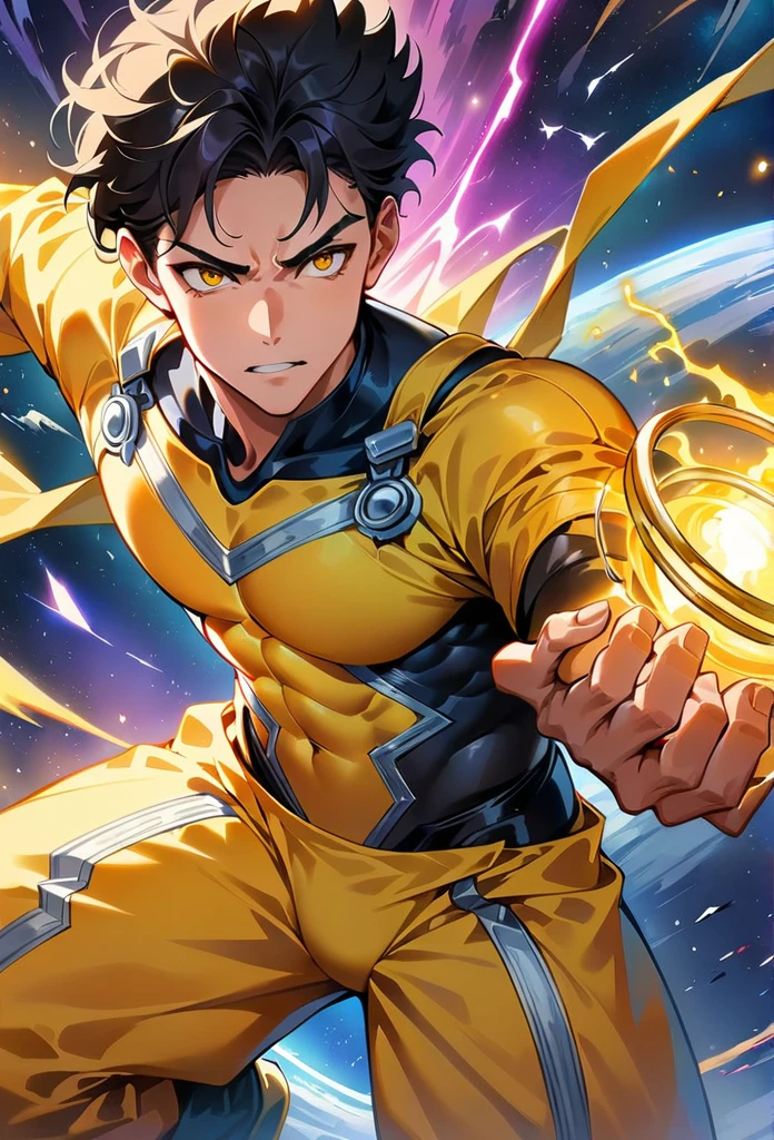 a superhero boy with black hair and yellow eyes, full yellow costume, flying in space, holding a yellow lantern ring, (best quality,4k,8k,highres,masterpiece:1.2),ultra-detailed, studio lighting,extremely detailed face and eyes,intricate superhero costume,dynamic action pose,glowing yellow energy,sci-fi space background,cinematic lighting,vibrant colors
