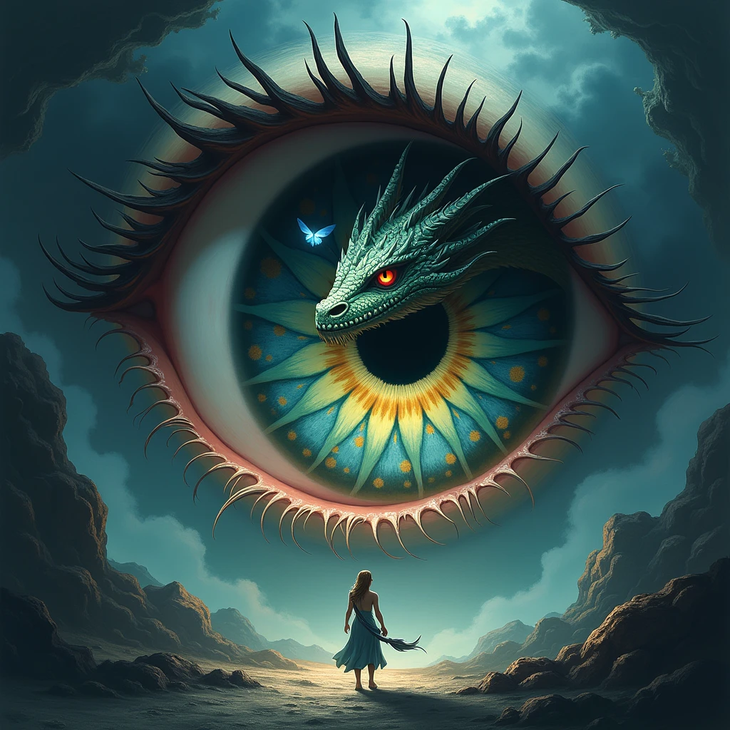an eye,The flying dragon flies out from the pupil of the eyeball。