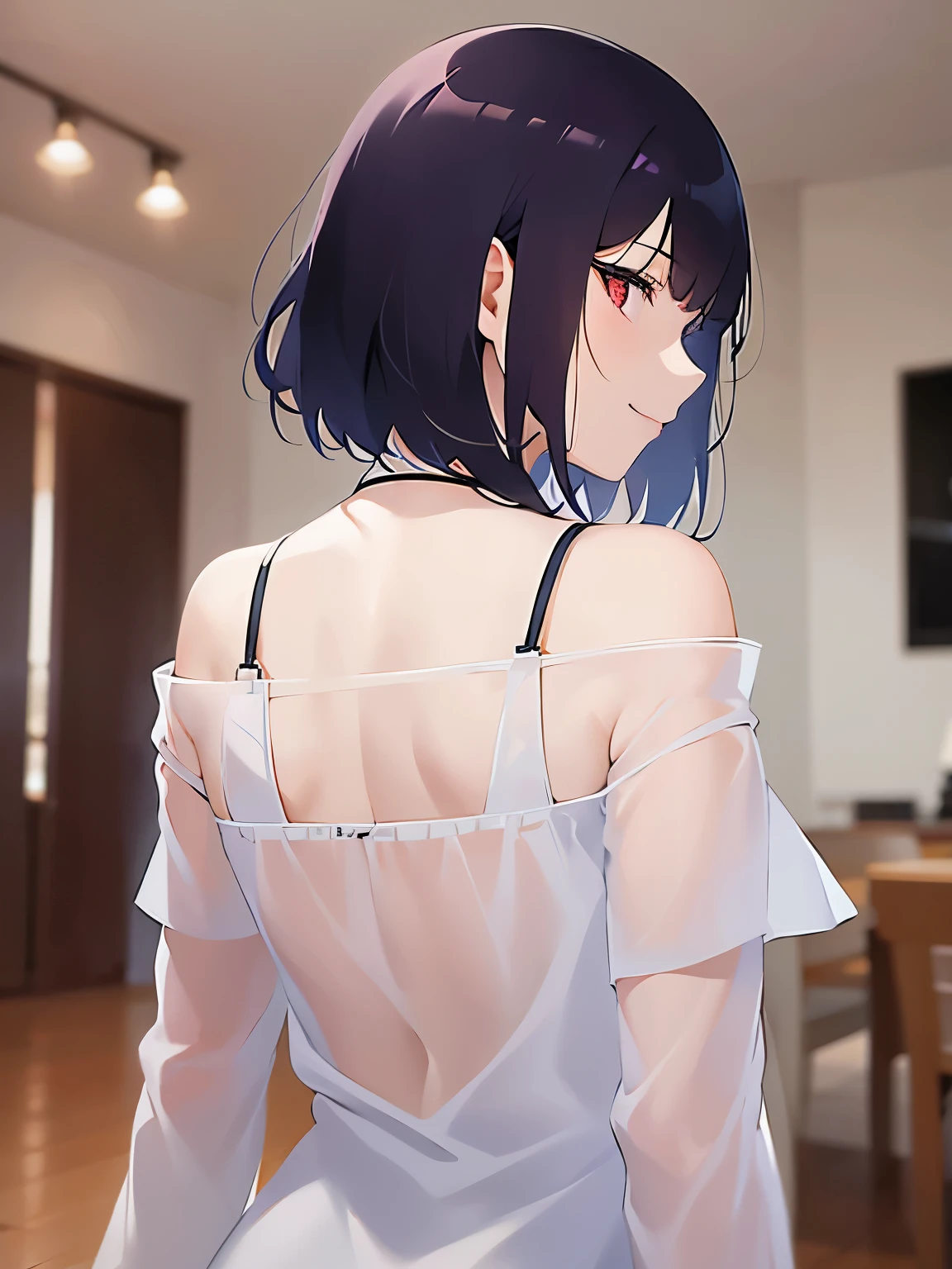 look back、mature female、Upper Body, (pale skin:1.2), shiny skin, shiny hair、(A woman in her 40s) and (bob cut) and (wavy hair) and (hair between eyes) and (black hair) and (red eyes), (white) and (off shoulder blouse) 、smile, Alone、Are standing、The background is the living room