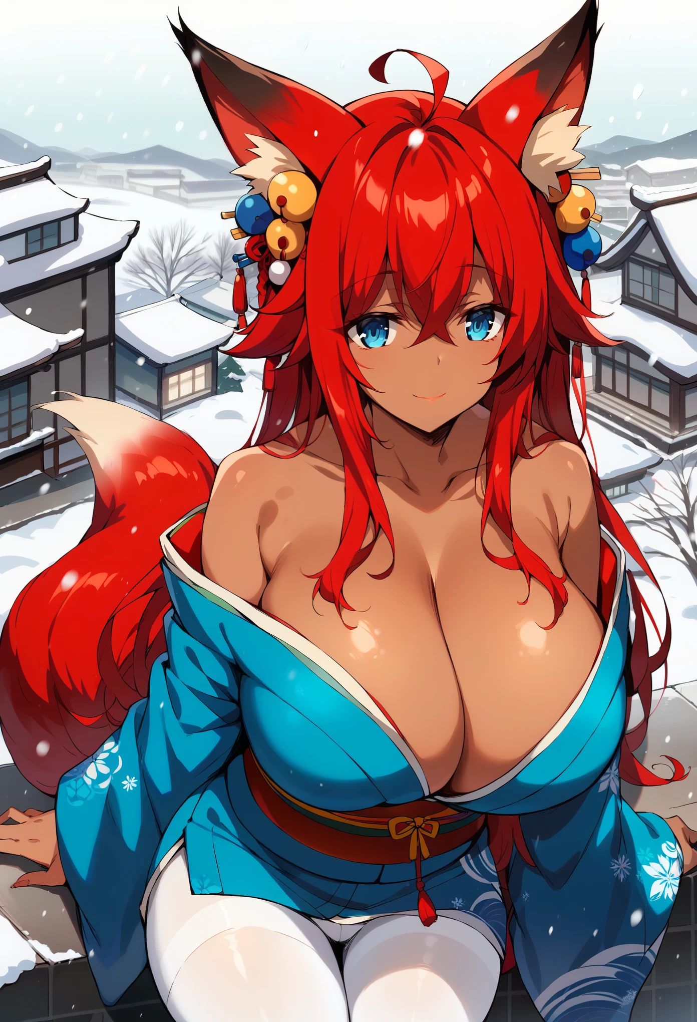 masterpiece, score_9_up, score_8_up, score_7_up, best quality, extremely detailed, 1girl, solo, (dark skin, black skin:1.8), Rias Gremory, (huge breasts:1.1), ((((red hair), long hair, blue eyes, ahoge, fox ears, red fox tail))), blue lips, (((kimono, bare shoulders, white pantyhose))), ((light smile), closed mouth), ((rooftop, winter, snowing))