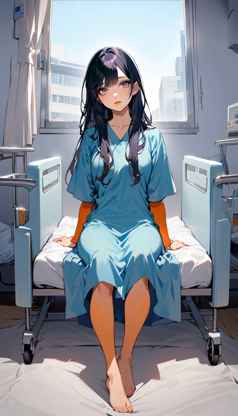 1woman, solo, black hair,  long hair, gray eyes, detailed eyes, eyelashes, orange lips,   25years old,  wear hospital gown, sitting,  hospitalized, she's got a futon over her body, Inside the hospital room, on the bed,  full body